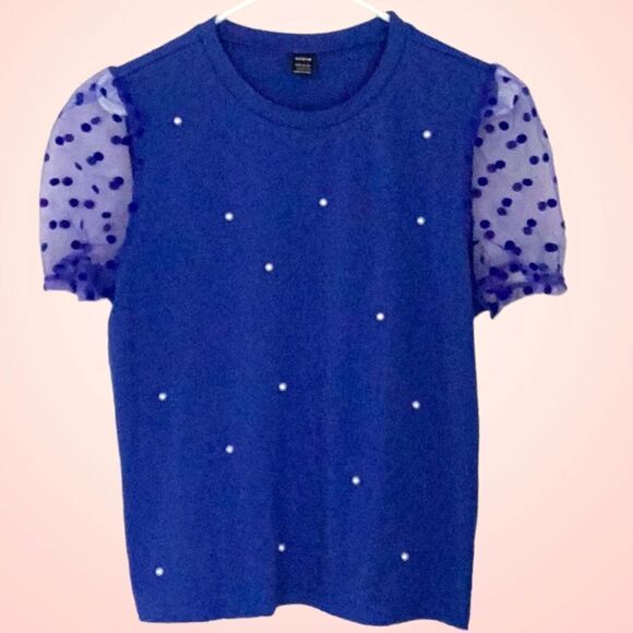 SHEIN NEW POLKA DOT MESH PUFF SLEEVE BLOUSE TOP ROYAL BLUE SIZE 8/10 MEDIUM - Picture 2 of 8